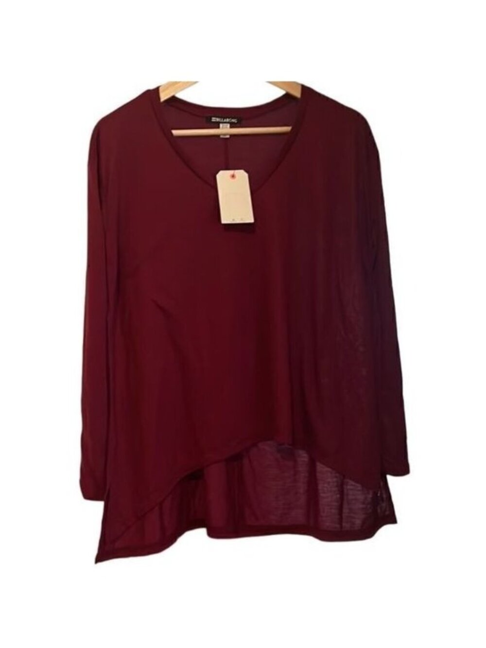 Billabong  Burgundy Long Drop Shoulder Sleeves V Neck Top Size S NWT